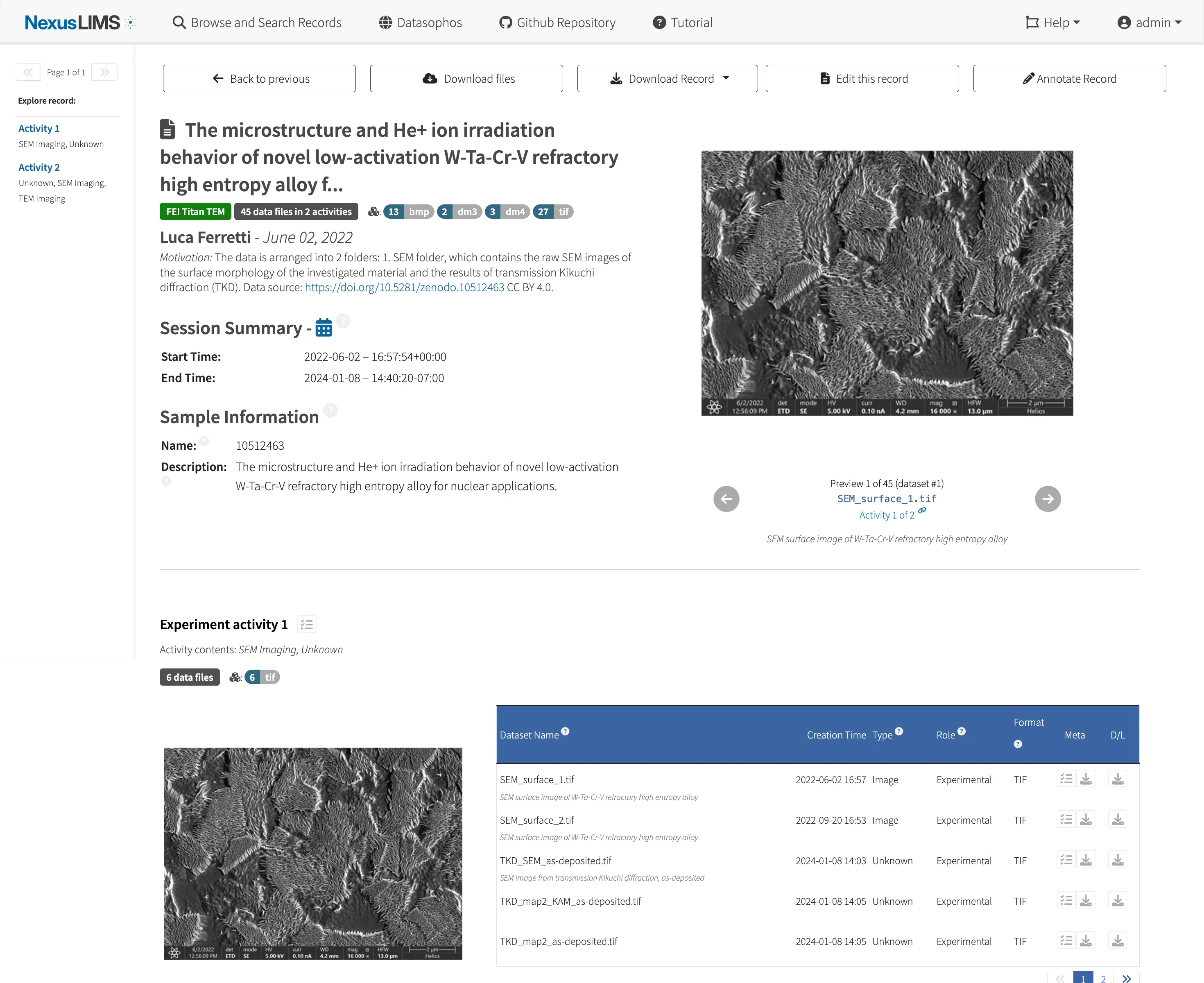 The NexusLIMS web record browser showing a list of experiment sessions